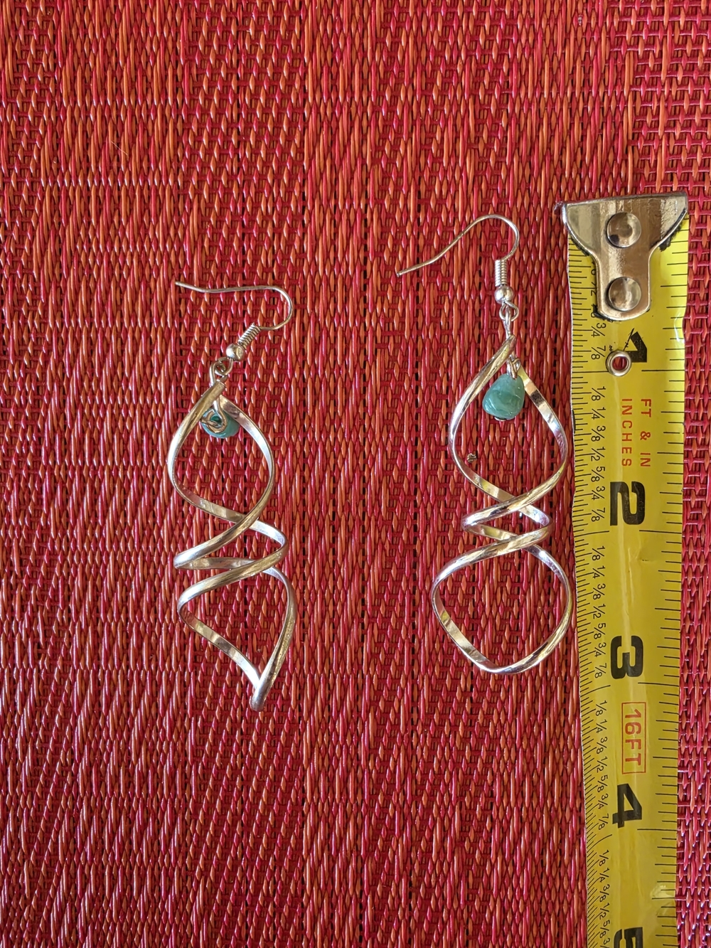 Silver Spiral Drop Earrings with Teal Turquoise Bead Dangle Twist EUC